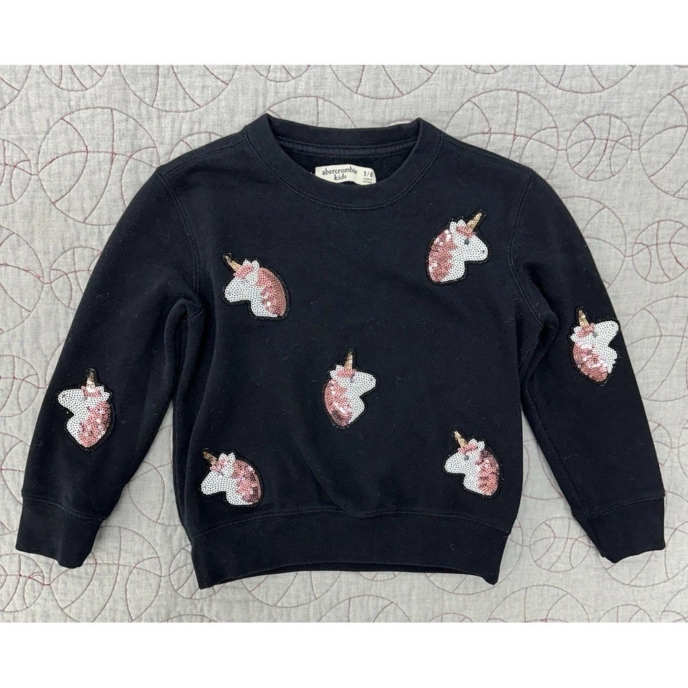 Abercrombie & Fitch Kids Sequin Unicorn Appliqué Black Crew Sweatshirt Size 5/6
